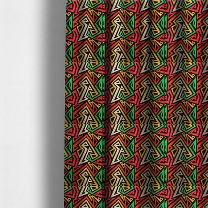 The fabric sued to create these made-to-measure curtains is a repeating geometric fabric pattern on a black background featuring interlocking angular lines in red, yellow, green, and beige.