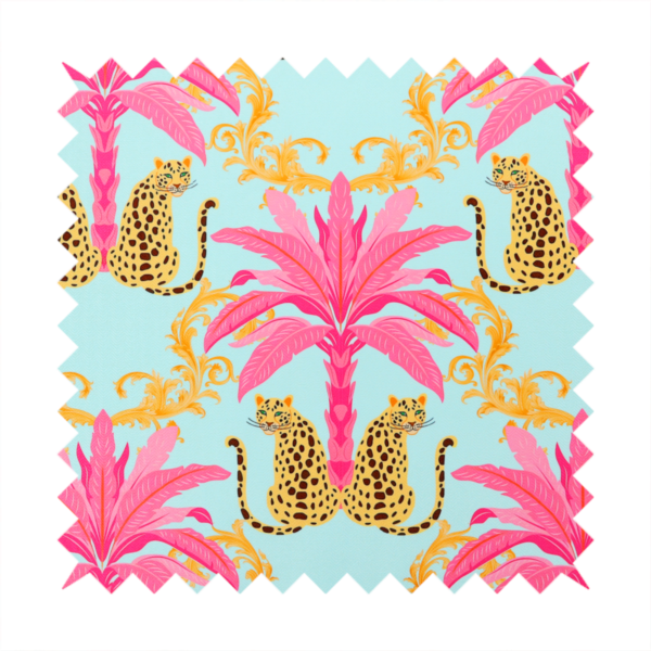 A vibrant fabric pattern featuring repeating pairs of leopards, bright pink palm trees, and gold baroque scrollwork against a light blue background.