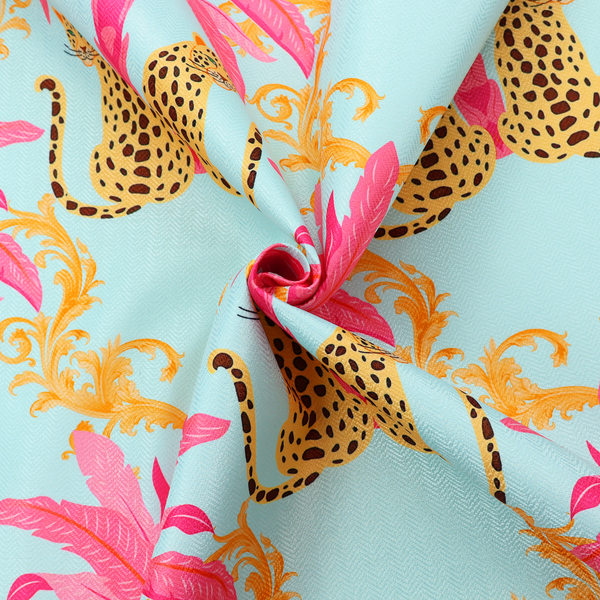 A vibrant fabric pattern featuring repeating pairs of leopards, bright pink palm trees, and gold baroque scrollwork against a light blue background.