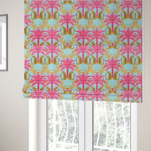 The fabric used to create these Roman blinds is a vibrant fabric pattern featuring repeating pairs of leopards, bright pink palm trees, and gold baroque scrollwork against a light blue background.