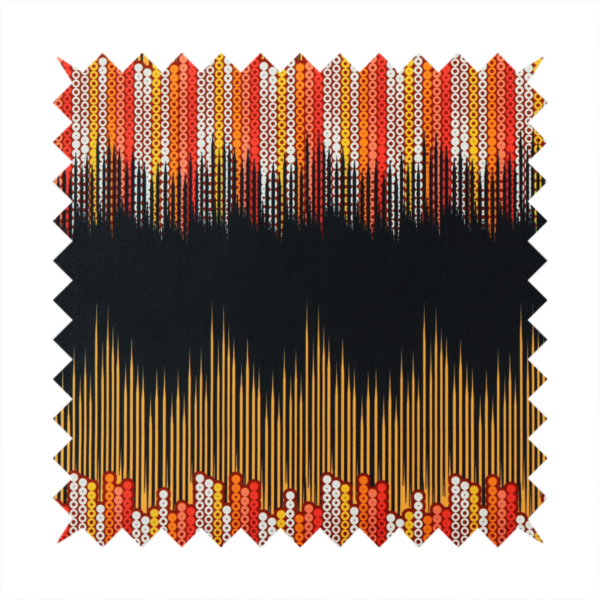 A repeating fabric pattern featuring a soundwave-like design with vertical rows of dots in warm red, orange, yellow, and white tones, separated by a black stripe.
