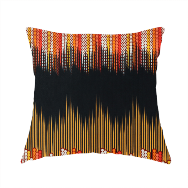 The fabric used to create this handmade cushion is a repeating fabric pattern featuring a soundwave-like design with vertical rows of dots in warm red, orange, yellow, and white tones, separated by a black stripe.