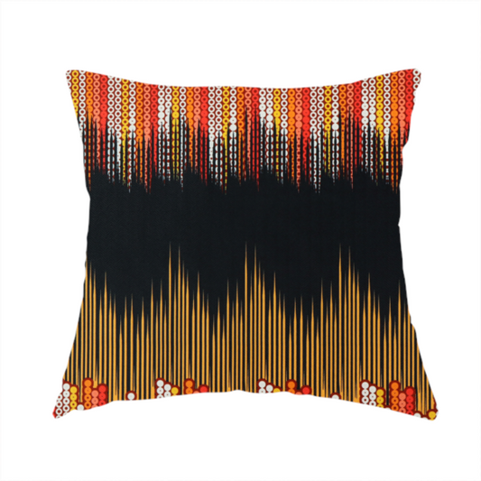 The fabric used to create this handmade cushion is a repeating fabric pattern featuring a soundwave-like design with vertical rows of dots in warm red, orange, yellow, and white tones, separated by a black stripe.