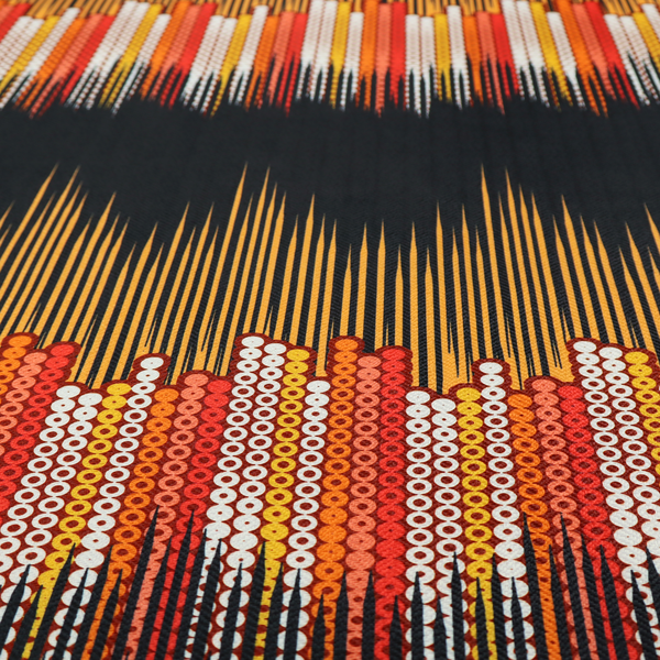 A repeating fabric pattern featuring a soundwave-like design with vertical rows of dots in warm red, orange, yellow, and white tones, separated by a black stripe.