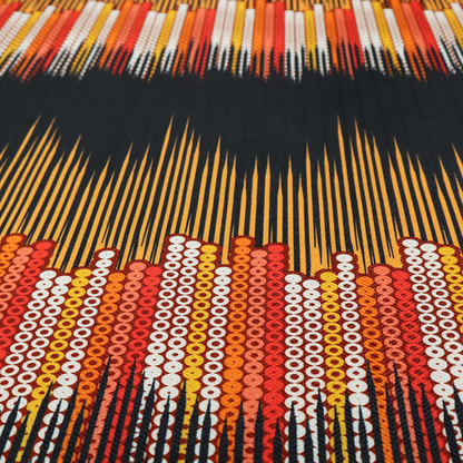 A repeating fabric pattern featuring a soundwave-like design with vertical rows of dots in warm red, orange, yellow, and white tones, separated by a black stripe.