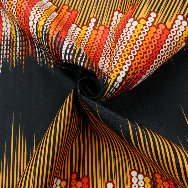 A repeating fabric pattern featuring a soundwave-like design with vertical rows of dots in warm red, orange, yellow, and white tones, separated by a black stripe.