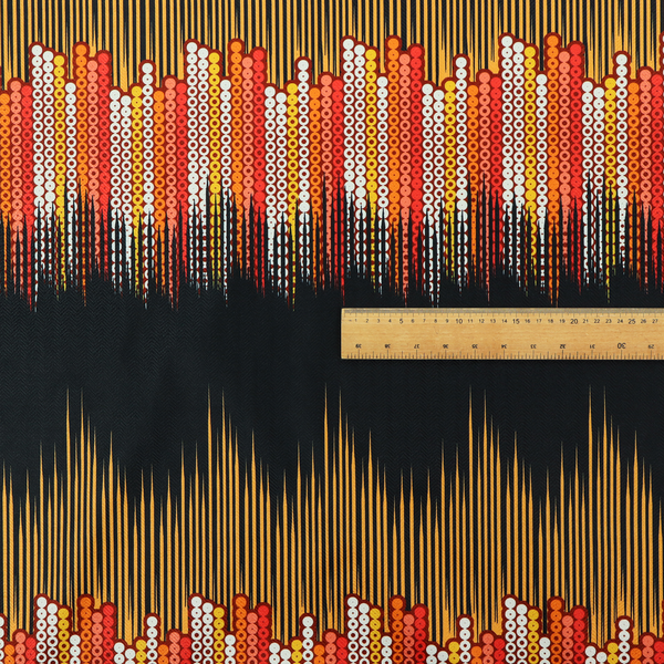A repeating fabric pattern featuring a soundwave-like design with vertical rows of dots in warm red, orange, yellow, and white tones, separated by a black stripe.