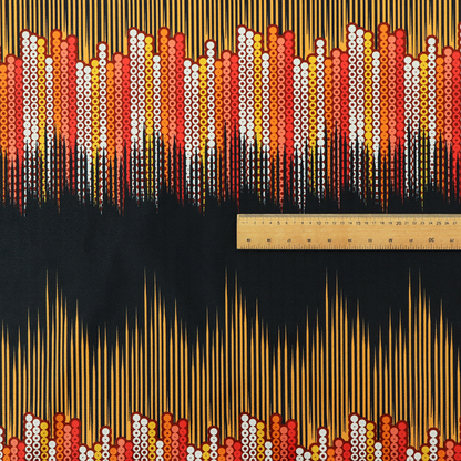 A repeating fabric pattern featuring a soundwave-like design with vertical rows of dots in warm red, orange, yellow, and white tones, separated by a black stripe.