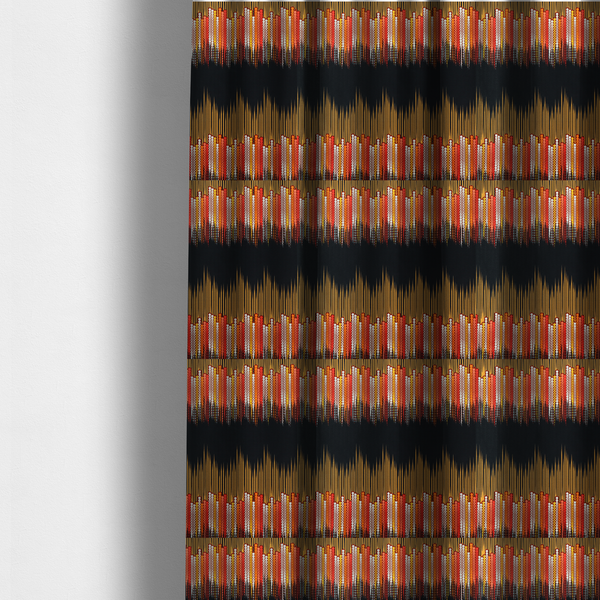 the fabric used to create these made-to-measure curtains is a repeating fabric pattern featuring a soundwave-like design with vertical rows of dots in warm red, orange, yellow, and white tones, separated by a black stripe.