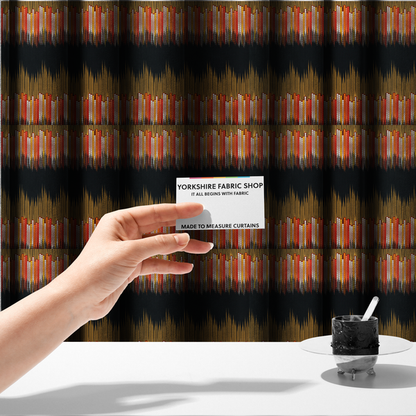 the fabric used to create these made-to-measure curtains is a repeating fabric pattern featuring a soundwave-like design with vertical rows of dots in warm red, orange, yellow, and white tones, separated by a black stripe.