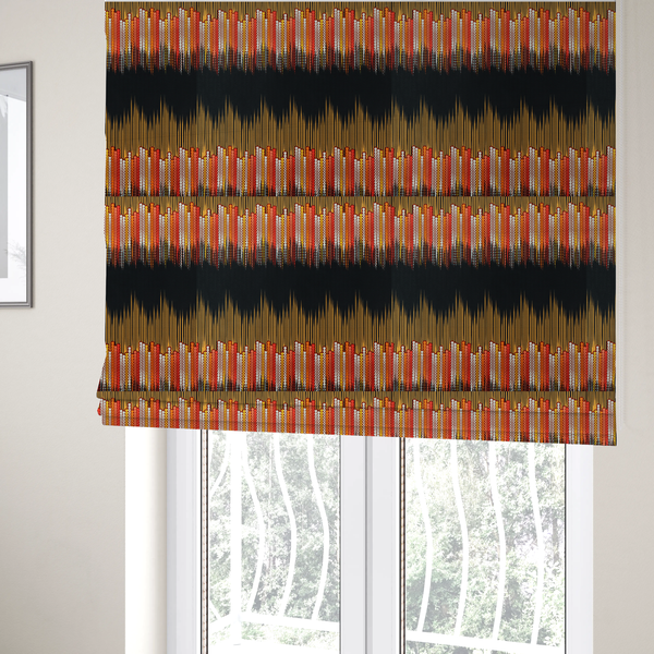The fabric used to create these Roman blinds is a repeating fabric pattern featuring a soundwave-like design with vertical rows of dots in warm red, orange, yellow, and white tones, separated by a black stripe.