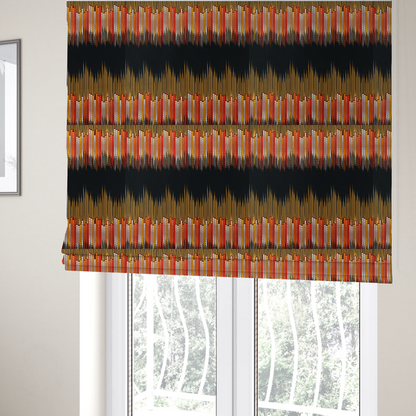 The fabric used to create these Roman blinds is a repeating fabric pattern featuring a soundwave-like design with vertical rows of dots in warm red, orange, yellow, and white tones, separated by a black stripe.
