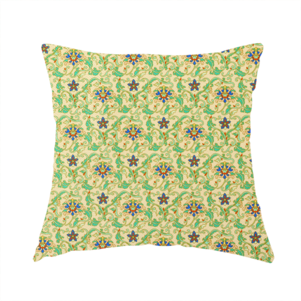 The fabric used to create this handmade cushion is a dense, intricate fabric pattern featuring repeating blue and orange floral blossoms interwoven with teal scrollwork and leafy vines on a light gold background.