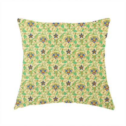The fabric used to create this handmade cushion is a dense, intricate fabric pattern featuring repeating blue and orange floral blossoms interwoven with teal scrollwork and leafy vines on a light gold background.