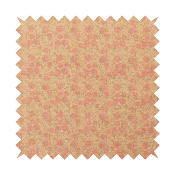 A beige fabric patterned with hand-drawn botanical illustrations of small pink flowers and vines featuring an organic style.