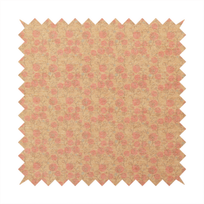 A beige fabric patterned with hand-drawn botanical illustrations of small pink flowers and vines featuring an organic style.