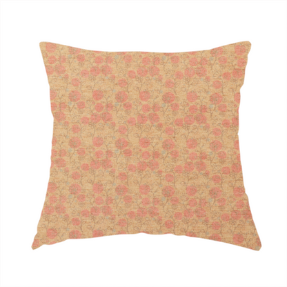 The fabric used to create this handmade cushion is a beige fabric patterned with hand-drawn botanical illustrations of small pink flowers and vines featuring an organic style.