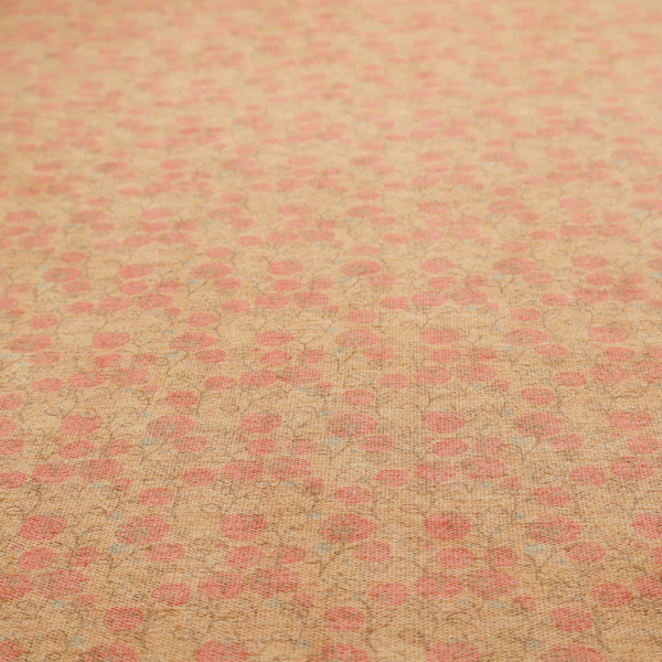 A beige fabric patterned with hand-drawn botanical illustrations of small pink flowers and vines featuring an organic style.
