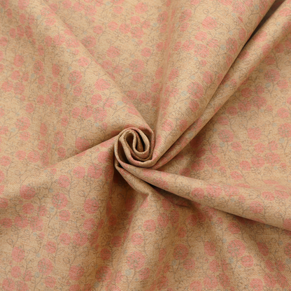 A beige fabric patterned with hand-drawn botanical illustrations of small pink flowers and vines featuring an organic style.