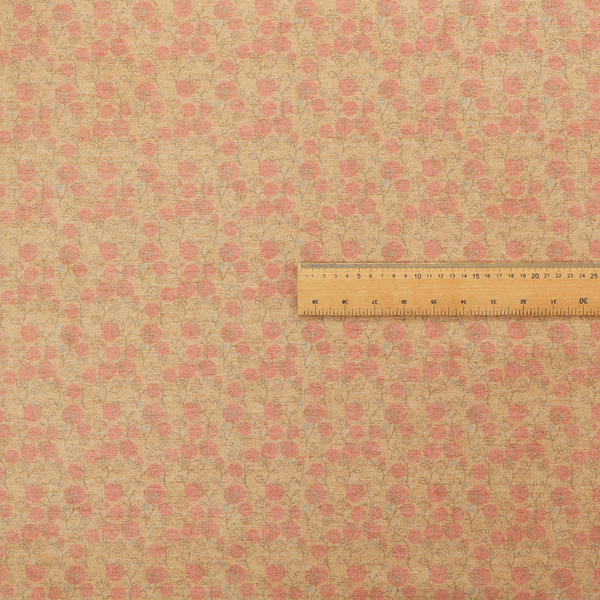 A beige fabric patterned with hand-drawn botanical illustrations of small pink flowers and vines featuring an organic style.