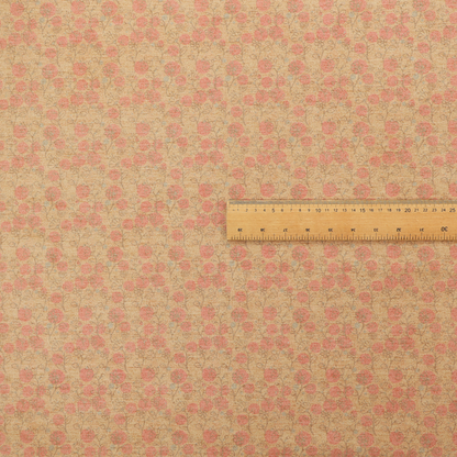 A beige fabric patterned with hand-drawn botanical illustrations of small pink flowers and vines featuring an organic style.