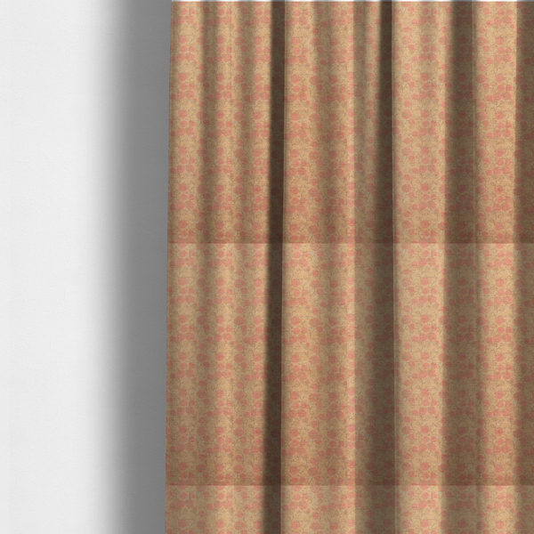 The fabric used to create these made-to-measure curtains is a beige fabric patterned with hand-drawn botanical illustrations of small pink flowers and vines featuring an organic style.