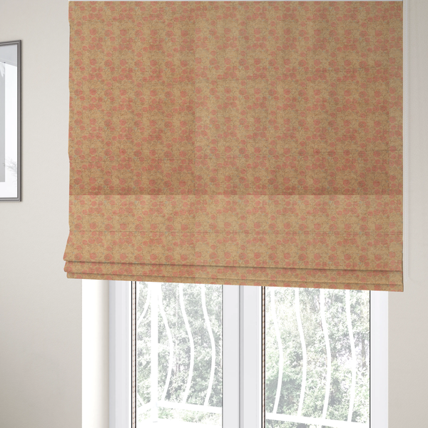 The fabric used to create these Roman blinds is a beige fabric patterned with hand-drawn botanical illustrations of small pink flowers and vines featuring an organic style.
