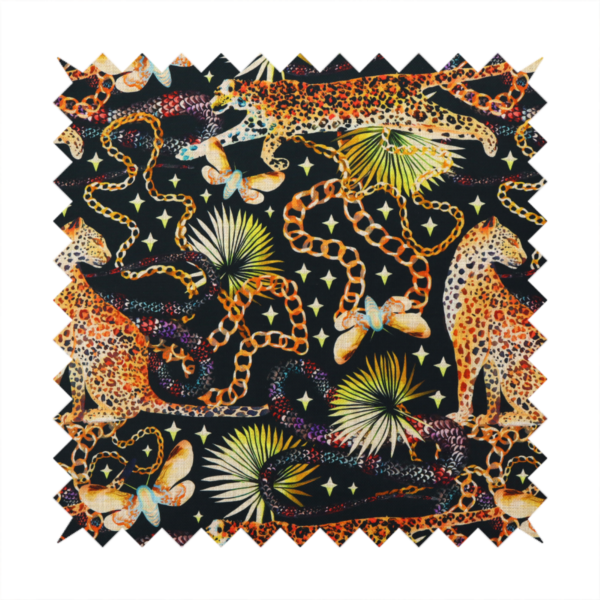 A dark blue fabric patterned with hand-drawn jungle illustrations of leopards, golden chains, tropical leaves, and butterflies featuring an organic style.   