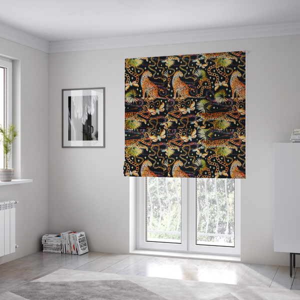 The fabric used to create these Roman blinds is a dark blue fabric patterned with hand-drawn jungle illustrations of leopards, golden chains, tropical leaves, and butterflies featuring an organic style.   