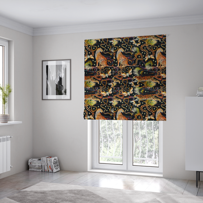 The fabric used to create these Roman blinds is a dark blue fabric patterned with hand-drawn jungle illustrations of leopards, golden chains, tropical leaves, and butterflies featuring an organic style.   