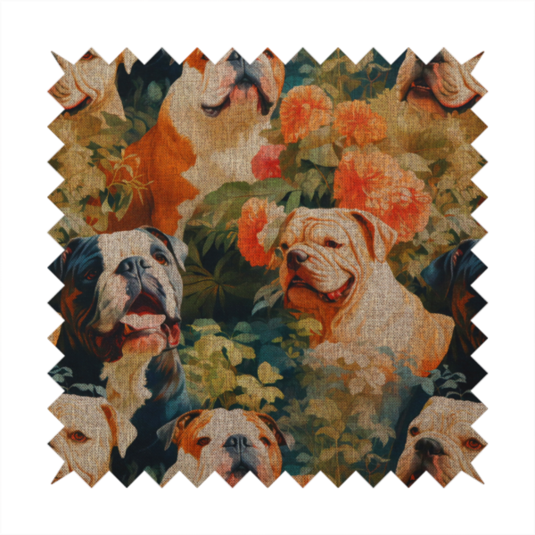 A repeating fabric pattern featuring vintage-style portraits of English bulldogs surrounded by lush foliage and orange flowers on a textured background.