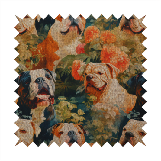 A repeating fabric pattern featuring vintage-style portraits of English bulldogs surrounded by lush foliage and orange flowers on a textured background.