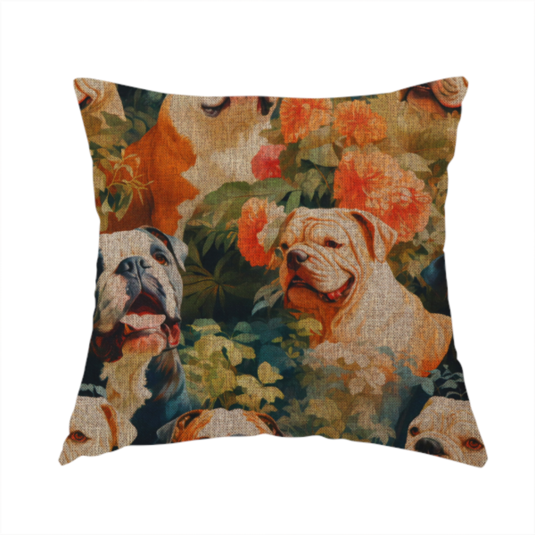 The fabric used to create this handmade cushion is a repeating fabric pattern featuring vintage-style portraits of English bulldogs surrounded by lush foliage and orange flowers on a textured background.