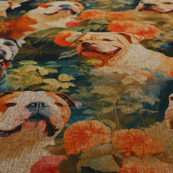 A repeating fabric pattern featuring vintage-style portraits of English bulldogs surrounded by lush foliage and orange flowers on a textured background.