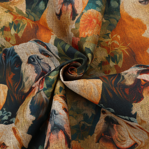 A repeating fabric pattern featuring vintage-style portraits of English bulldogs surrounded by lush foliage and orange flowers on a textured background.