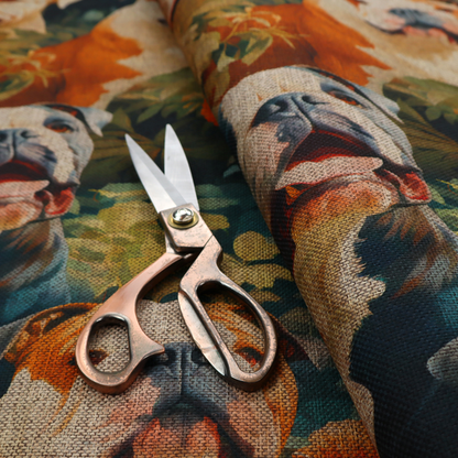 A repeating fabric pattern featuring vintage-style portraits of English bulldogs surrounded by lush foliage and orange flowers on a textured background.