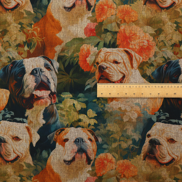 A repeating fabric pattern featuring vintage-style portraits of English bulldogs surrounded by lush foliage and orange flowers on a textured background.