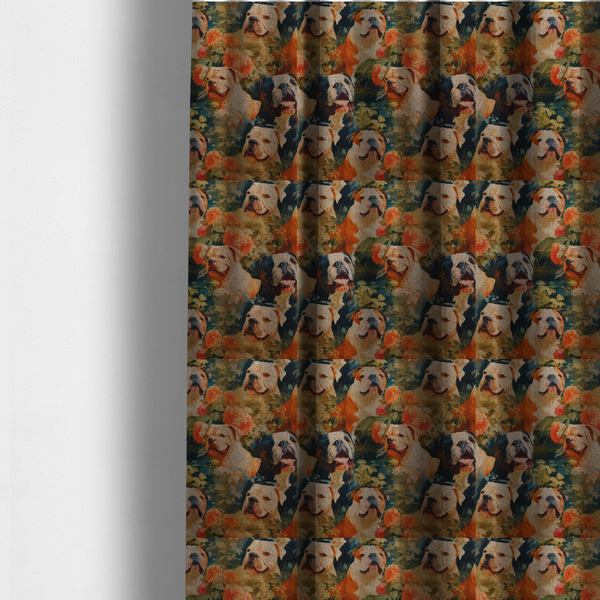 The fabric used to create these made-to-measure curtains is a repeating fabric pattern featuring vintage-style portraits of English bulldogs surrounded by lush foliage and orange flowers on a textured background.