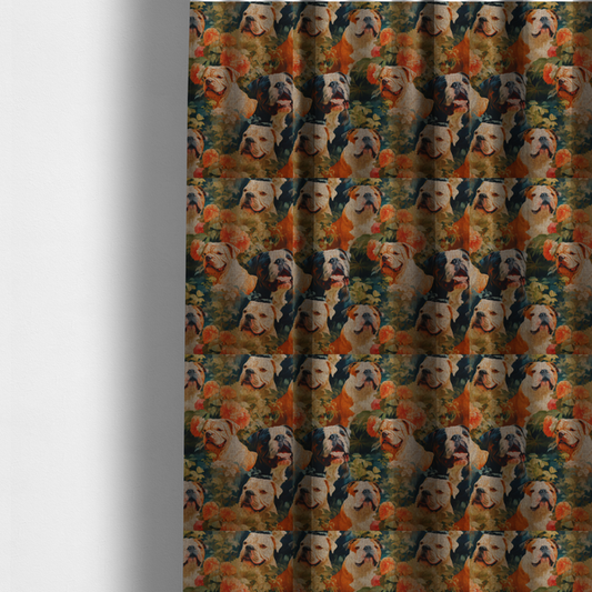 The fabric used to create these made-to-measure curtains is a repeating fabric pattern featuring vintage-style portraits of English bulldogs surrounded by lush foliage and orange flowers on a textured background.
