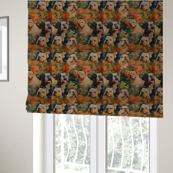 The fabric used to create these Roman blinds is a repeating fabric pattern featuring vintage-style portraits of English bulldogs surrounded by lush foliage and orange flowers on a textured background.