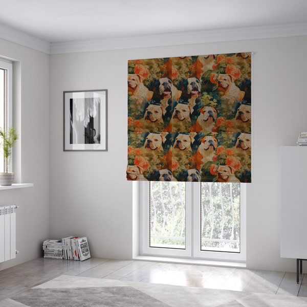 The fabric used to create these Roman blinds is a repeating fabric pattern featuring vintage-style portraits of English bulldogs surrounded by lush foliage and orange flowers on a textured background.