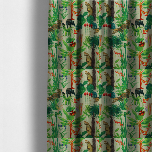 The fabric used to create these made-to-measure curtains is a green and beige fabric patterned with hand-drawn jungle illustrations of alligators, a tapir, tropical trees, and vibrant flowers featuring an organic style.