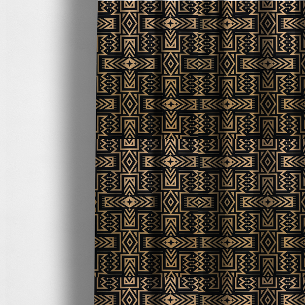 The fabric used to create these made-to-measure curtains is a black and gold geometric fabric featuring an intricate Navajo-inspired tribal pattern with chevron lines, diamonds, and cross motifs.