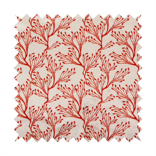 Cream and red fabric featuring an intricate organic branch or sea coral pattern with delicate twig motifs repeating across the surface.   