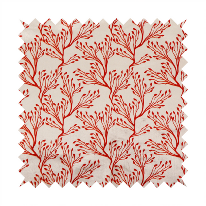 Cream and red fabric featuring an intricate organic branch or sea coral pattern with delicate twig motifs repeating across the surface.   