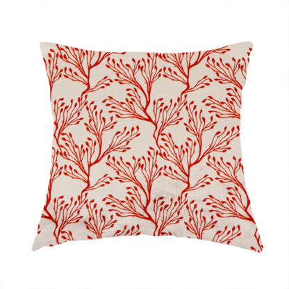 The fabric used to create this handmade cushion is a cream and red fabric featuring an intricate organic branch or sea coral pattern with delicate twig motifs repeating across the surface.   