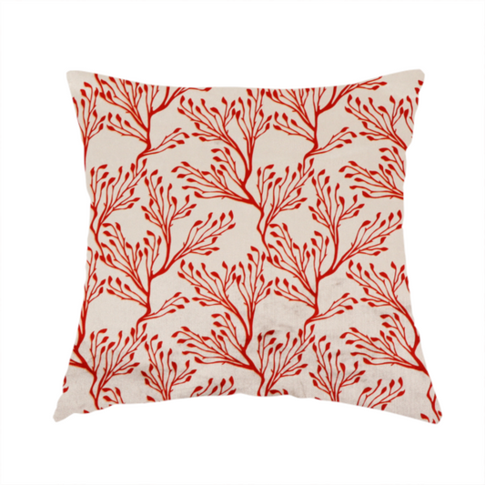 The fabric used to create this handmade cushion is a cream and red fabric featuring an intricate organic branch or sea coral pattern with delicate twig motifs repeating across the surface.   