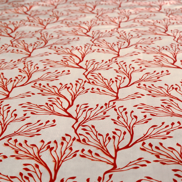 Cream and red fabric featuring an intricate organic branch or sea coral pattern with delicate twig motifs repeating across the surface.   