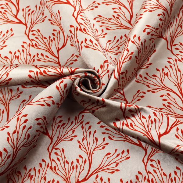 Cream and red fabric featuring an intricate organic branch or sea coral pattern with delicate twig motifs repeating across the surface.   