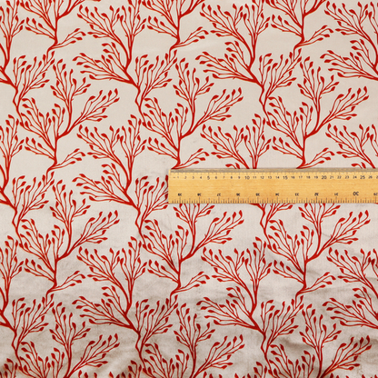Cream and red fabric featuring an intricate organic branch or sea coral pattern with delicate twig motifs repeating across the surface.   